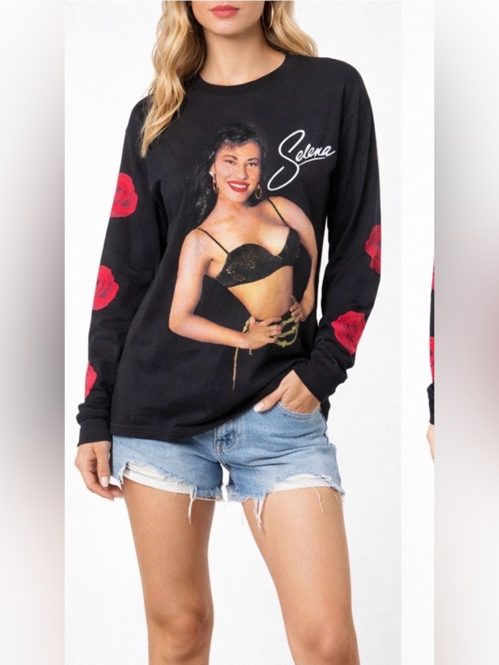 Selena Official Roses Band Tee Long Sleeves Black T-Shirt Small Musical Latino